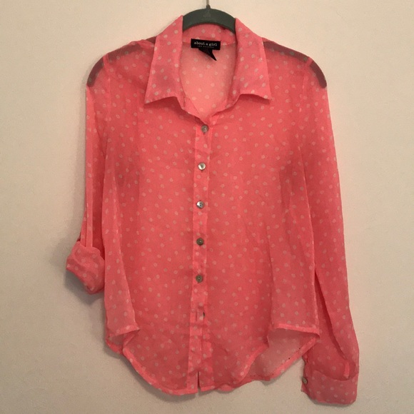 Sheer Hot Pink Polka Dot button up - Picture 3 of 5